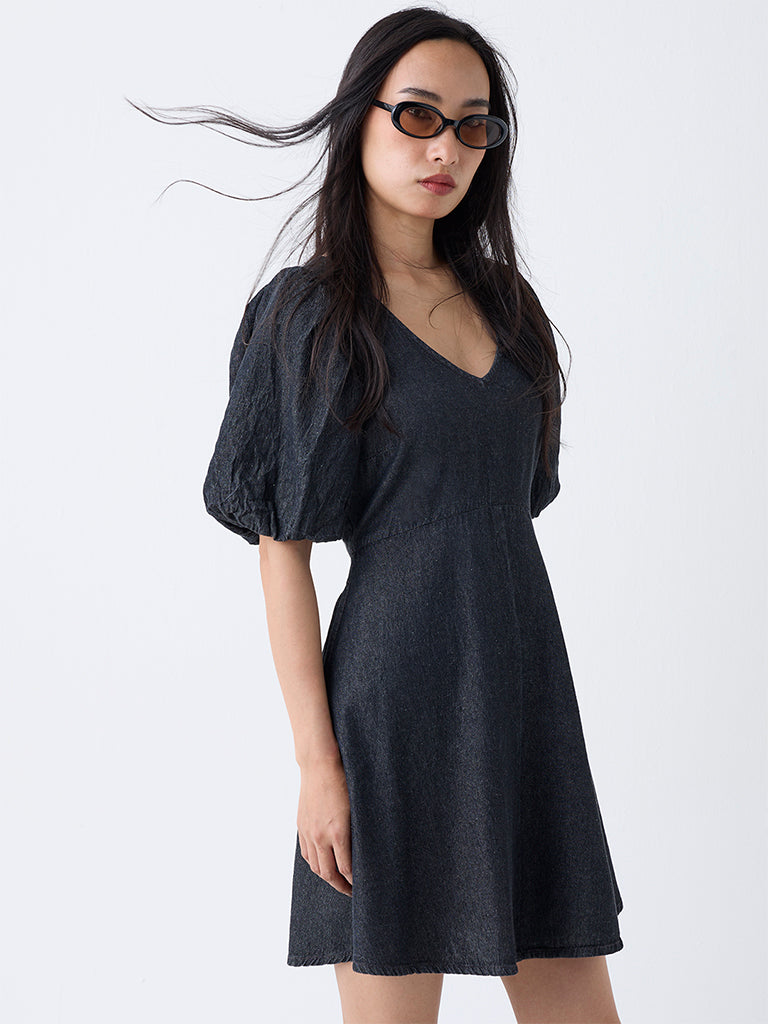 LOV Dark Grey Solid Denim A-Line Dress