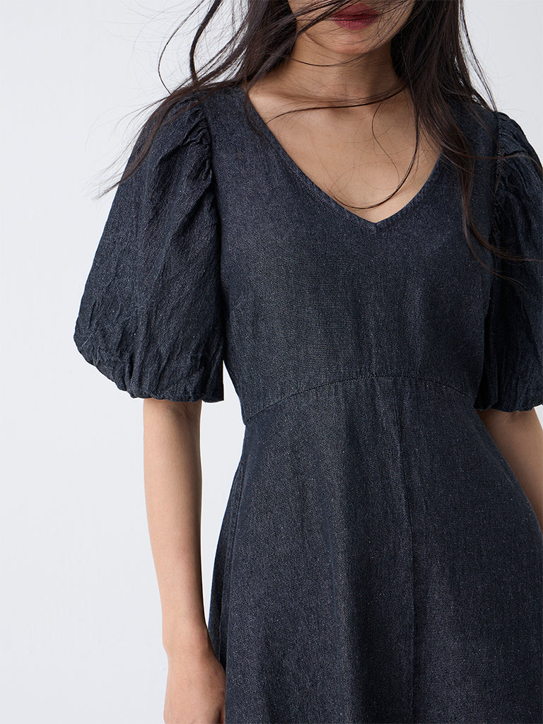 LOV Dark Grey Solid Denim A-Line Dress