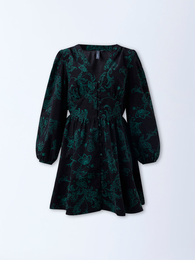 LOV Black Floral Design Cotton A-Line Dress