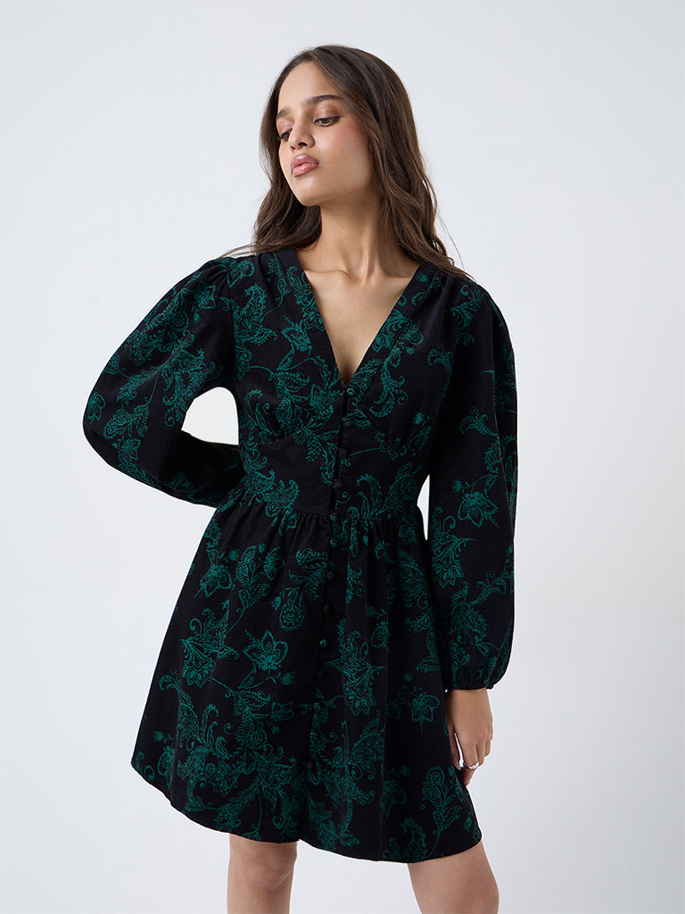 LOV Black Floral Design Cotton A-Line Dress