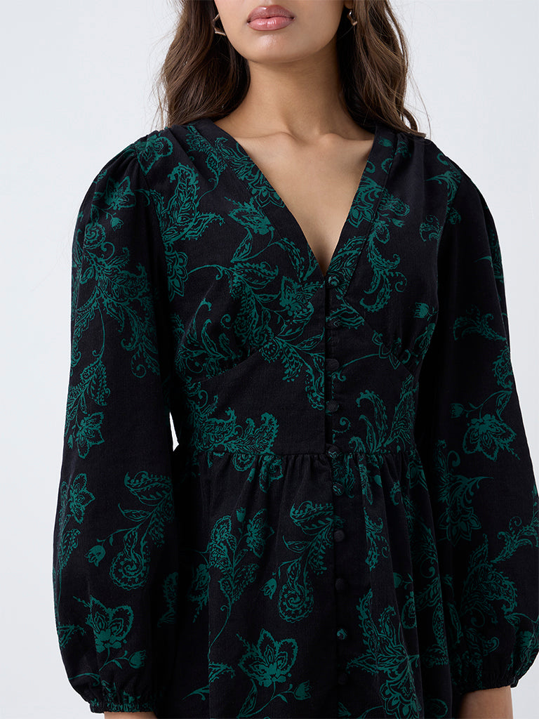 LOV Black Floral Design Cotton A-Line Dress