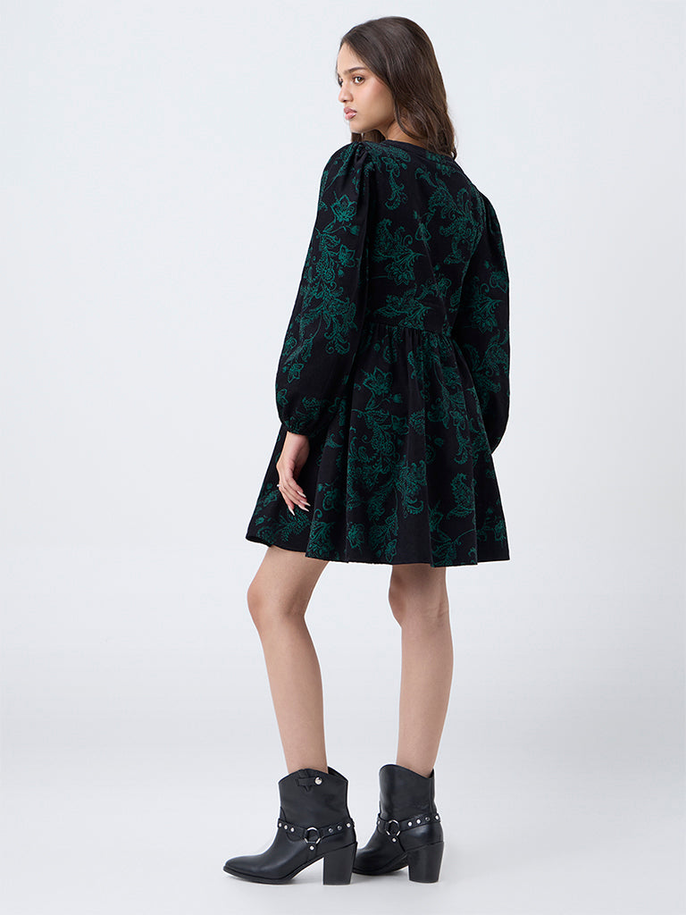 LOV Black Floral Design Cotton A-Line Dress