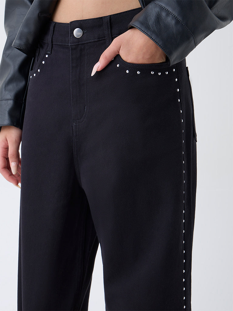 LOV Black Embellished Relaxed-Fit High-Rise Jeans