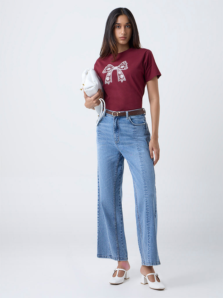 LOV Burgundy Printed Cotton T-Shirt