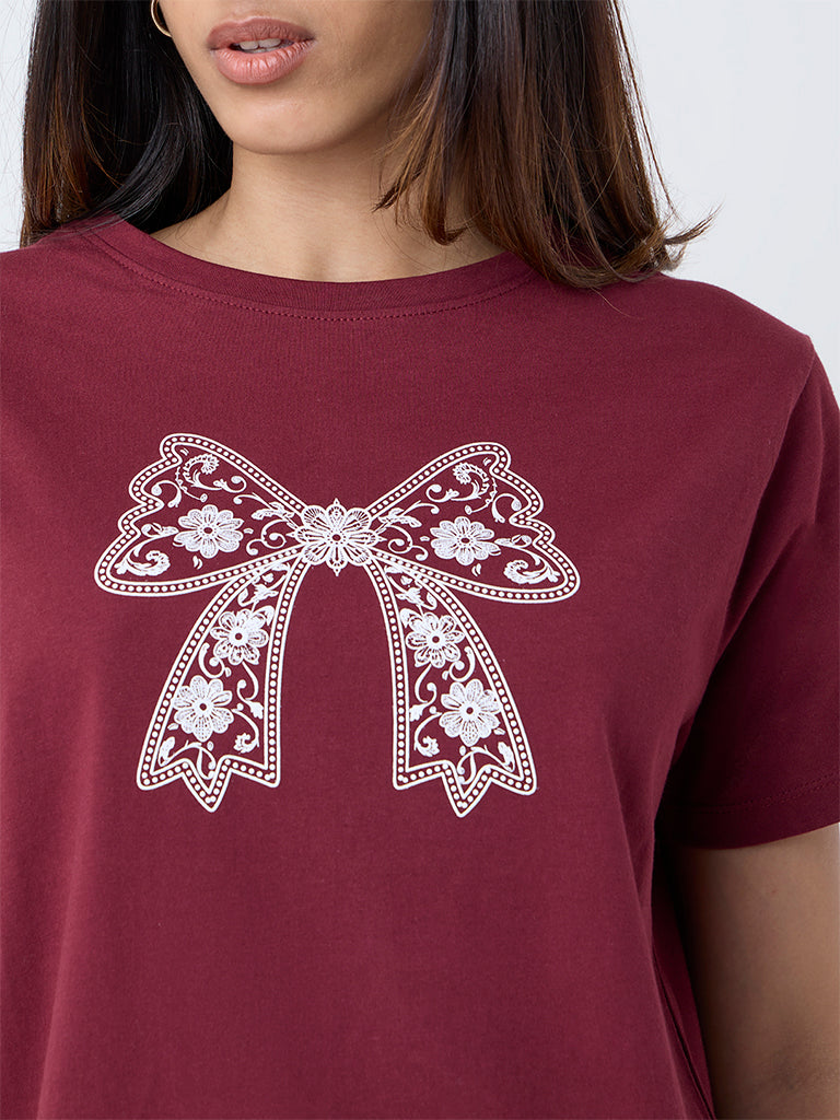 LOV Burgundy Printed Cotton T-Shirt