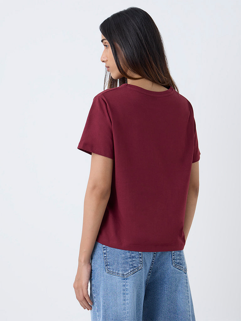 LOV Burgundy Printed Cotton T-Shirt