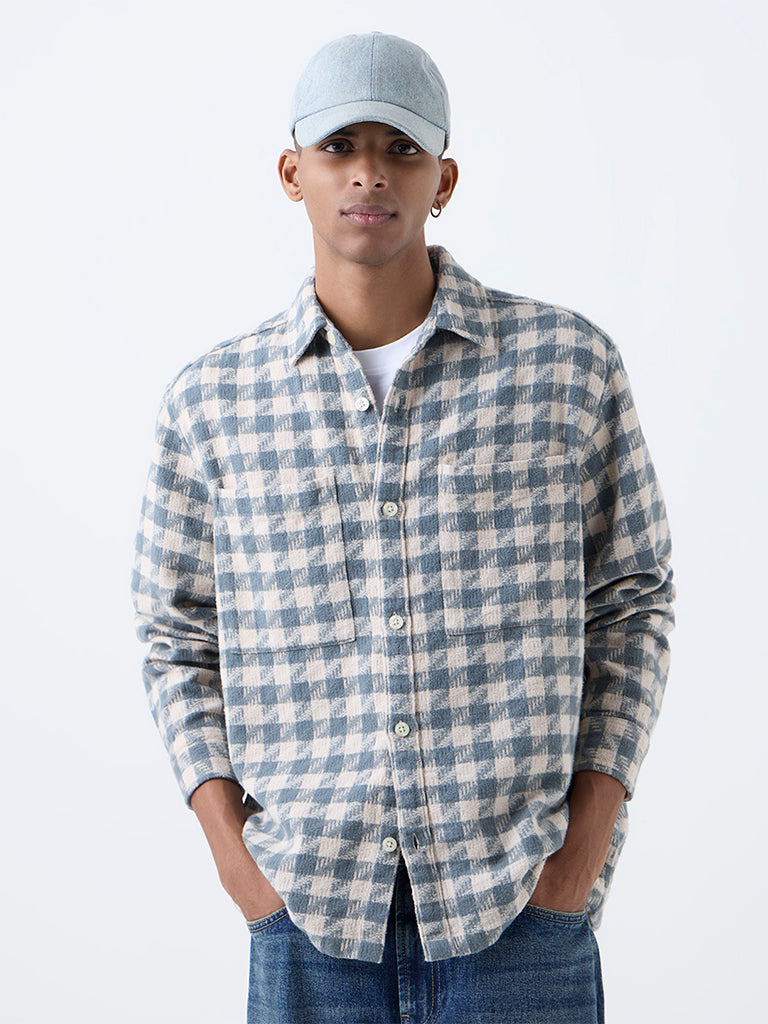 Nuon Dusty Blue Check Detailed Relaxed-Fit Cotton Shirt