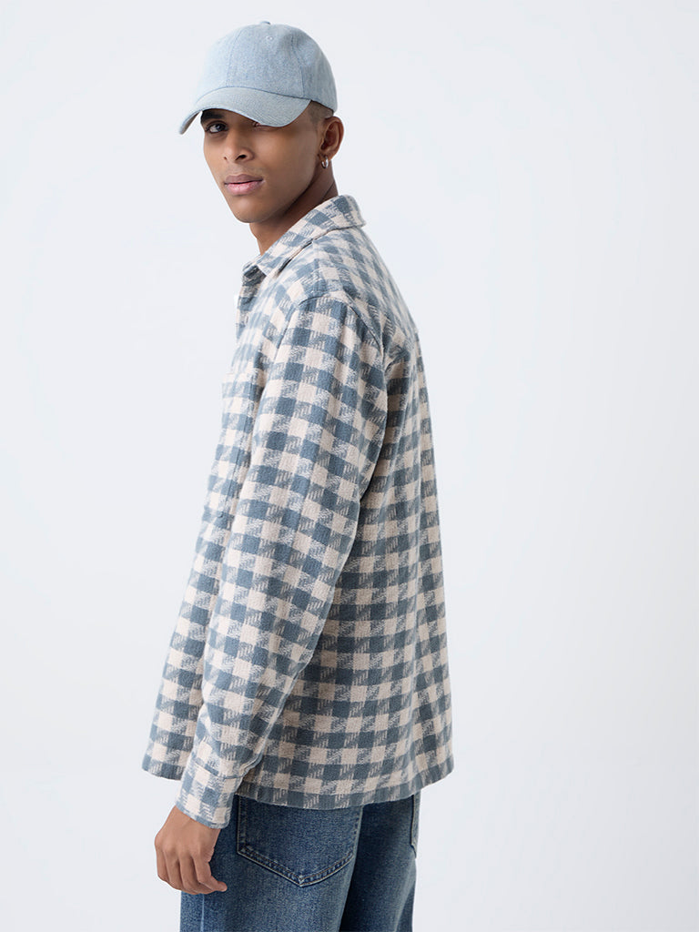 Nuon Dusty Blue Check Detailed Relaxed-Fit Cotton Shirt