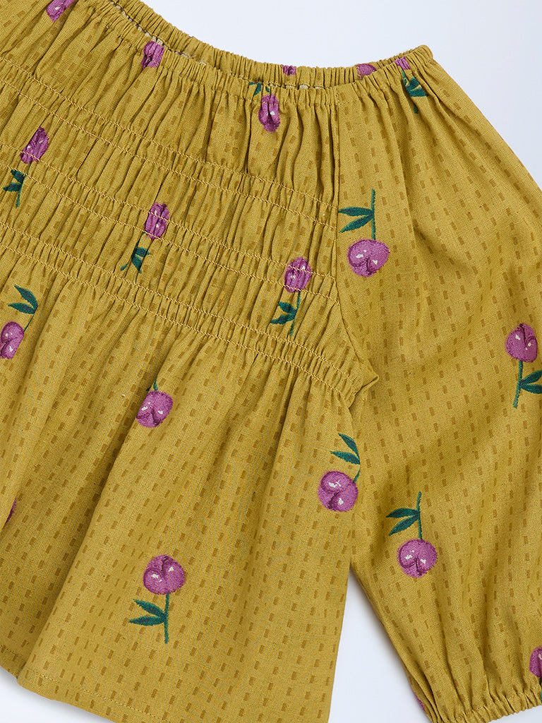 Utsa Kids Girls Mustard Floral Cotton-Blend Top - (2-8 yrs)