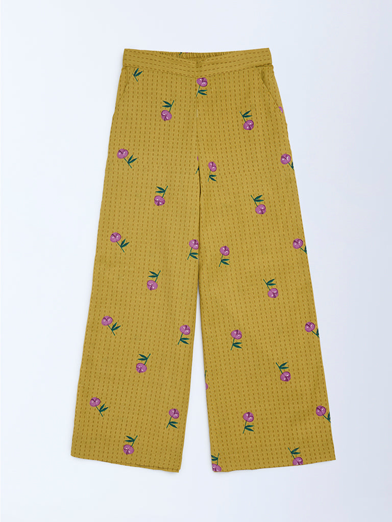 Utsa Kids Girls Mustard Floral Cotton-Blend Pants - (8-14 yrs)
