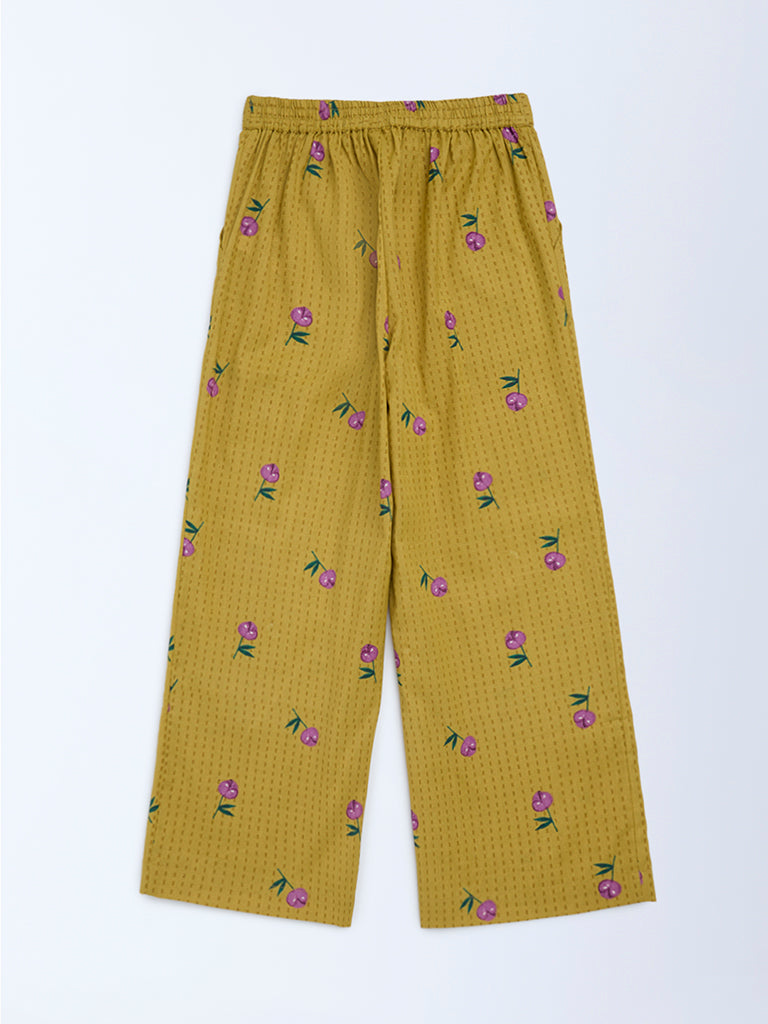 Utsa Kids Girls Mustard Floral Cotton-Blend Pants - (8-14 yrs)