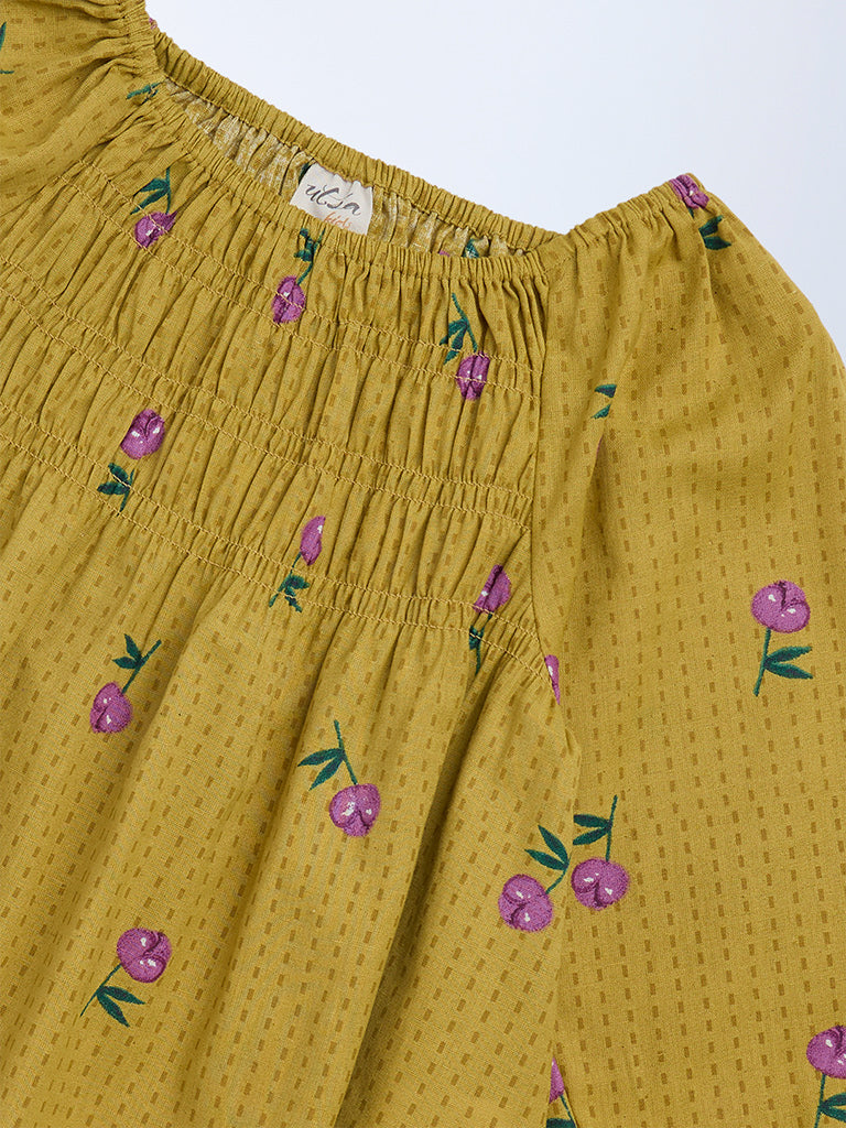 Utsa Kids Girls Mustard Floral Cotton-Blend Top - (8-14 yrs)