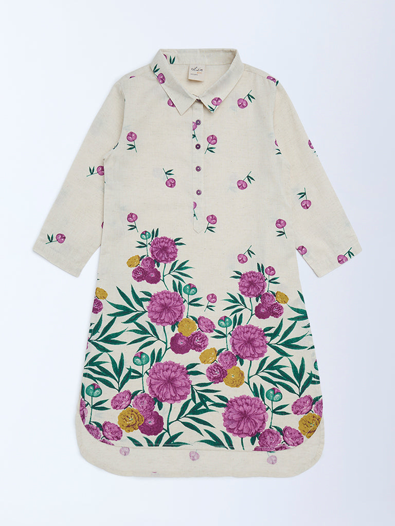 Utsa Kids Girls Off-White Floral Cotton-Blend Tunic - (8-14 yrs)