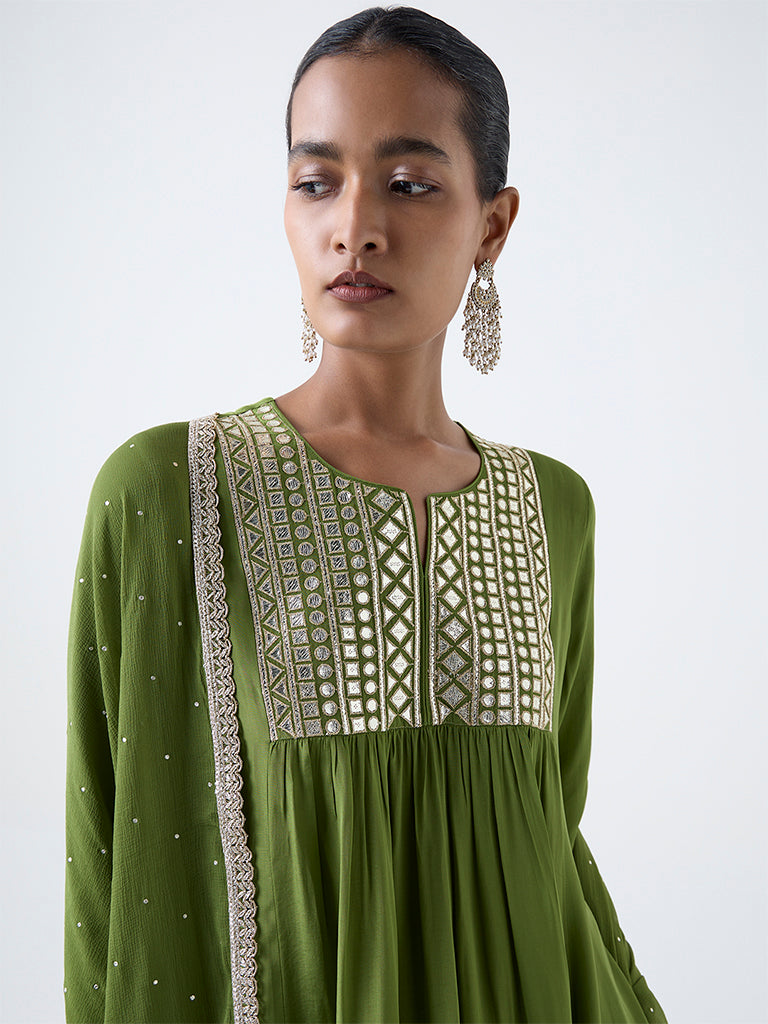 Vark Green Mirror-Detailed Fit-and-Flare Ethnic Set