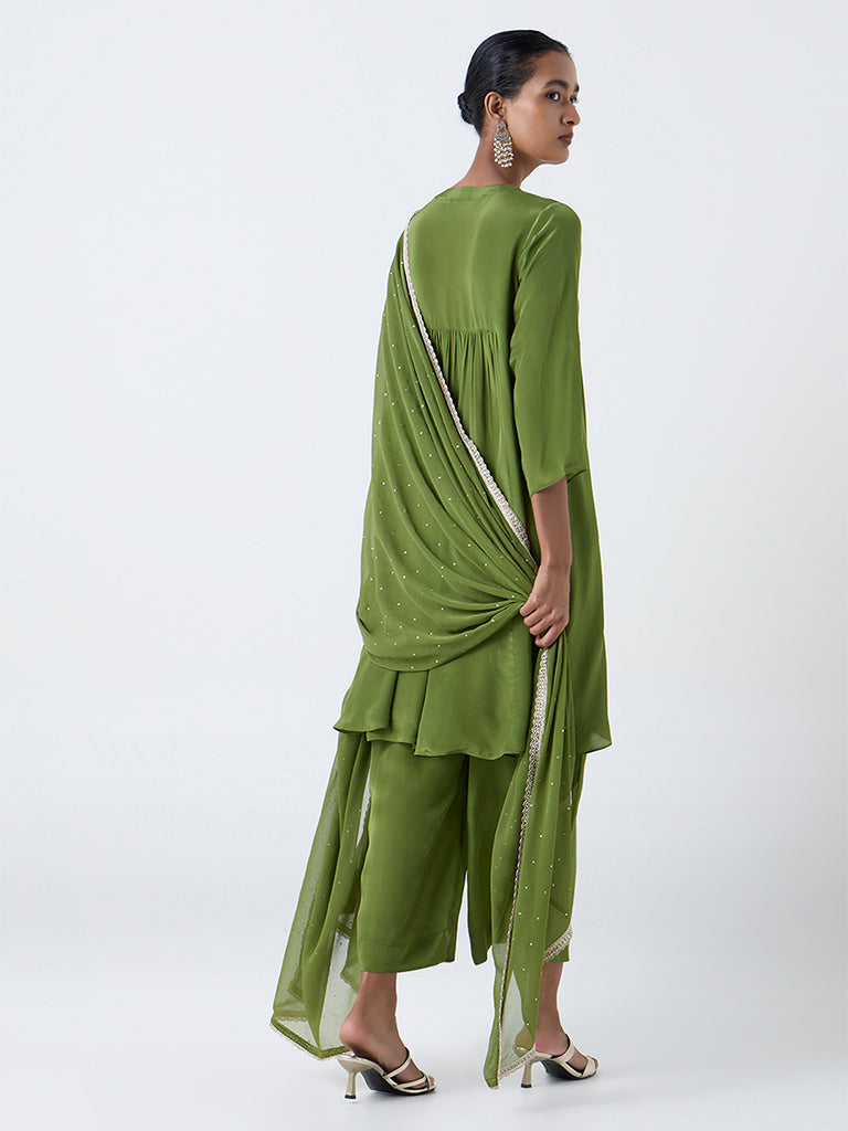 Vark Green Mirror-Detailed Fit-and-Flare Ethnic Set