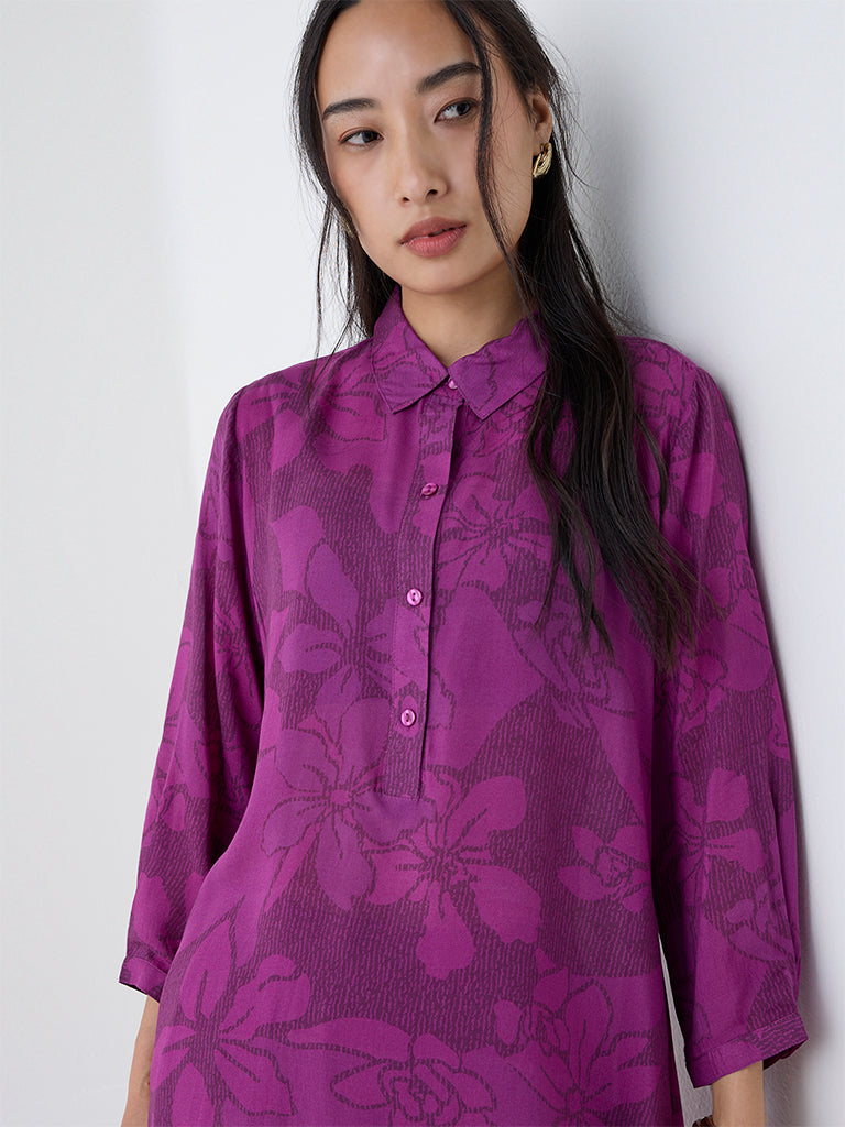 Utsa Plum Floral Pattern Cotton A-Line Kurta