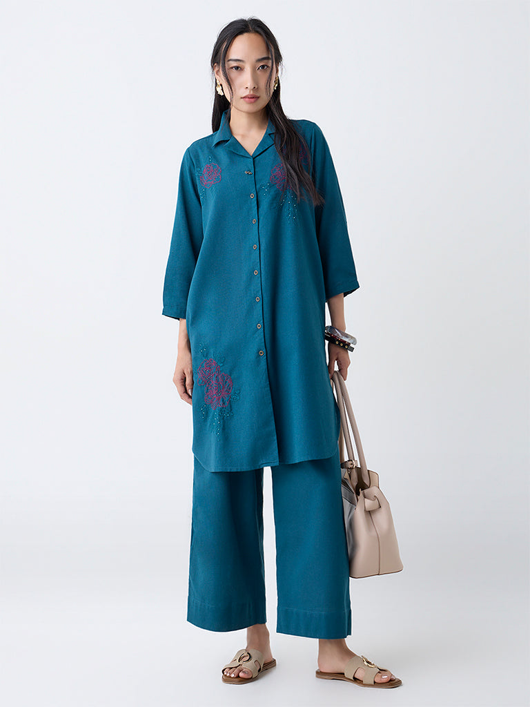 Utsa Teal Floral Embroidered Cotton-Blend A-Line Kurta