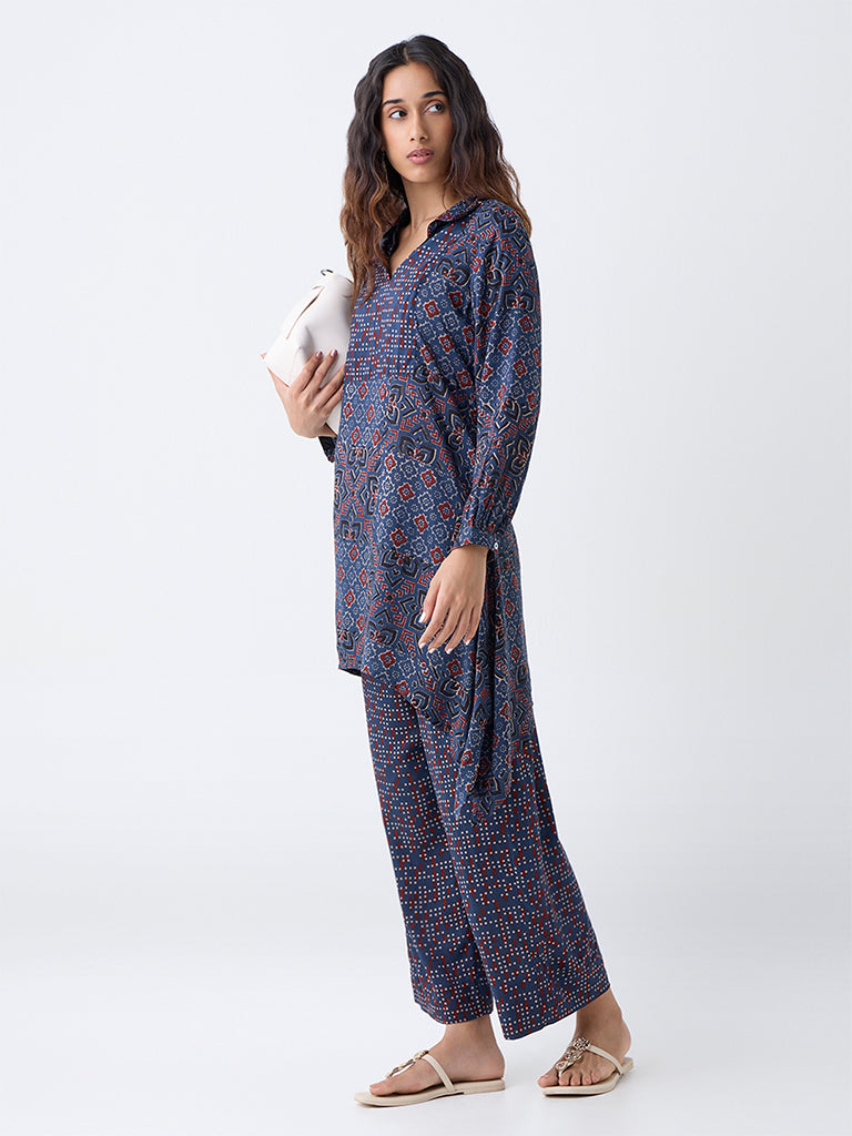 Utsa Indigo Geometric Pattern A-Line Cotton Kurta