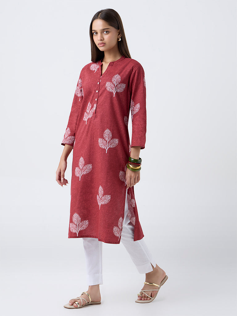 Utsa Red Leaf Pattern Cotton Straight Kurta
