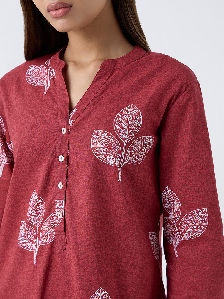 Utsa Red Leaf Pattern Cotton Straight Kurta