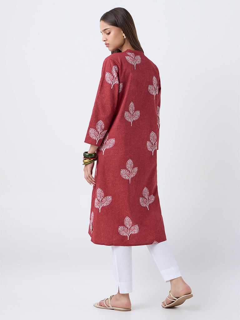 Utsa Red Leaf Pattern Cotton Straight Kurta