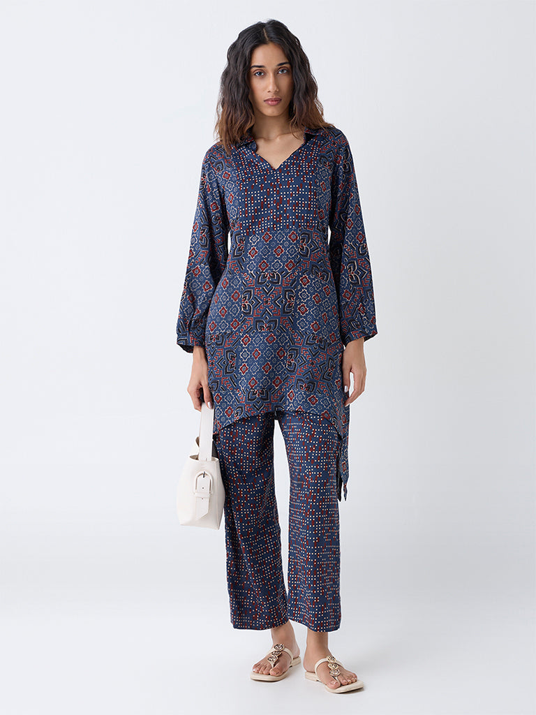 Utsa Indigo Geometric Printed Cotton Palazzos