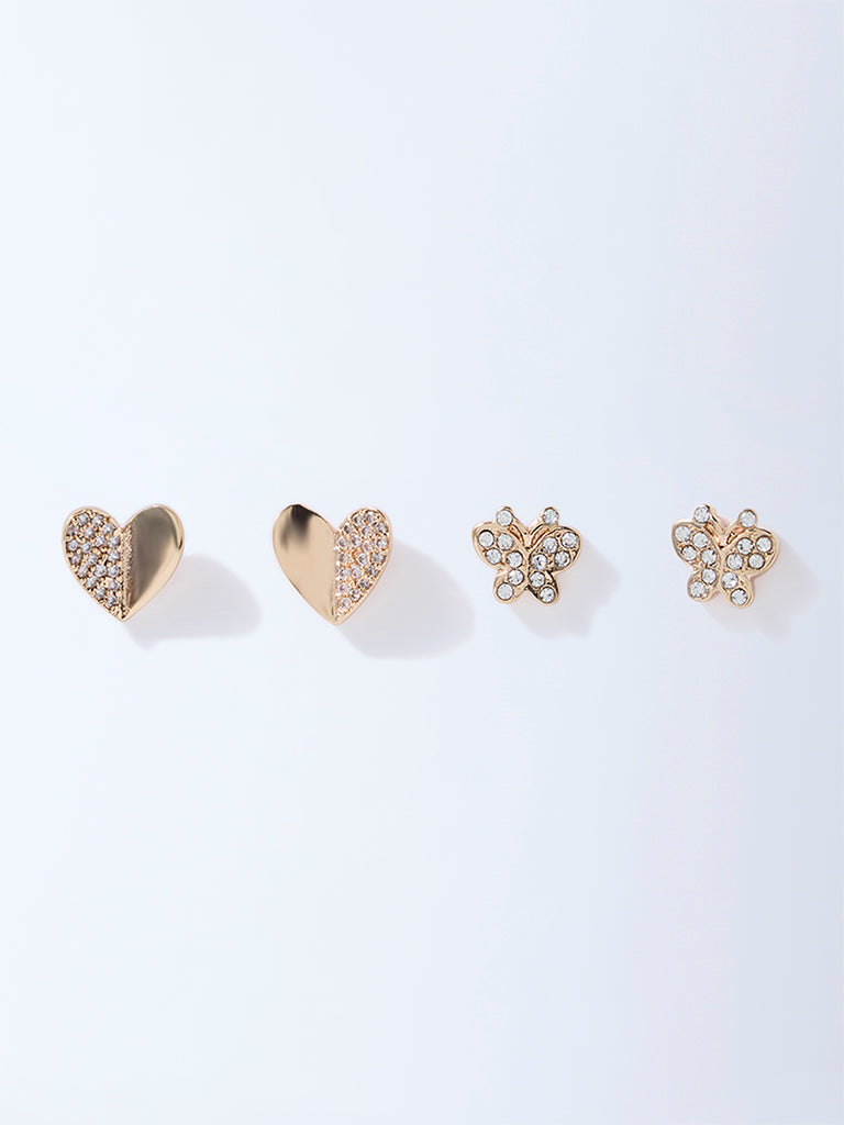 Westside Accessories Gold Heart and Butterfly Stud Earrings - Pack of 2
