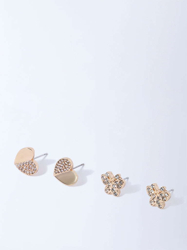 Westside Accessories Gold Heart and Butterfly Stud Earrings - Pack of 2