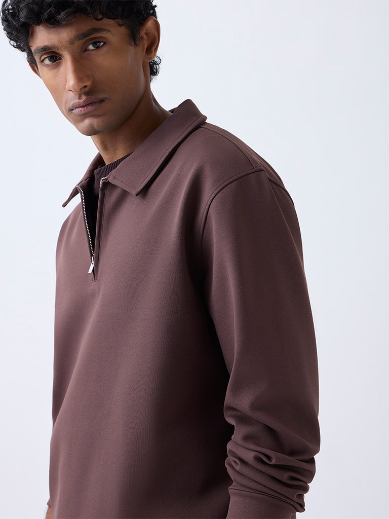 WES Casuals Brown Relaxed-Fit Quarter-Zip Sweatshirt