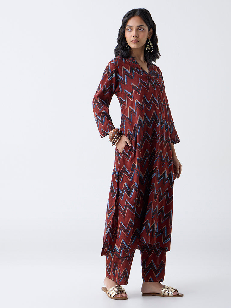 Utsa Red Chevron Pattern A-Line Kurta