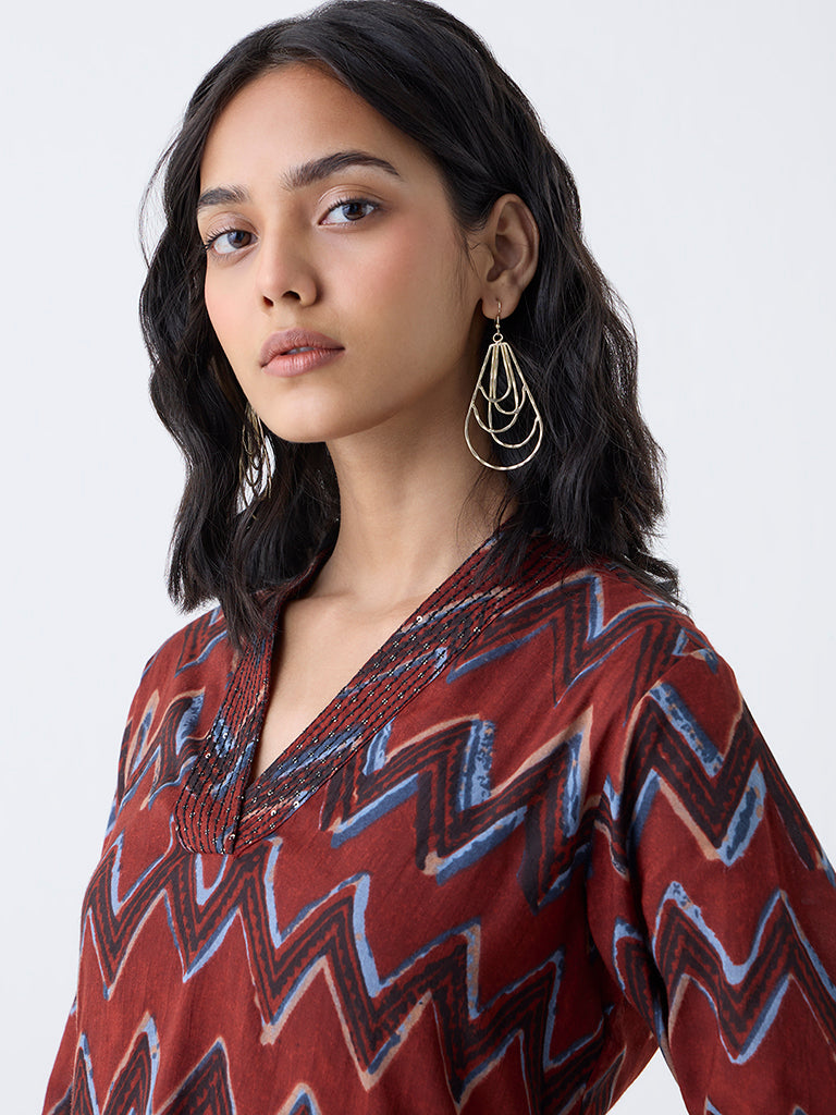 Utsa Red Chevron Pattern A-Line Kurta