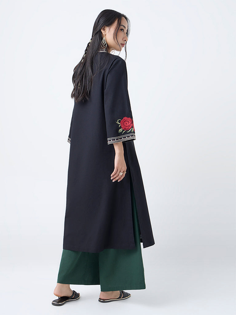 Utsa Black Floral Embroidered Cotton-Blend A-Line Kurta