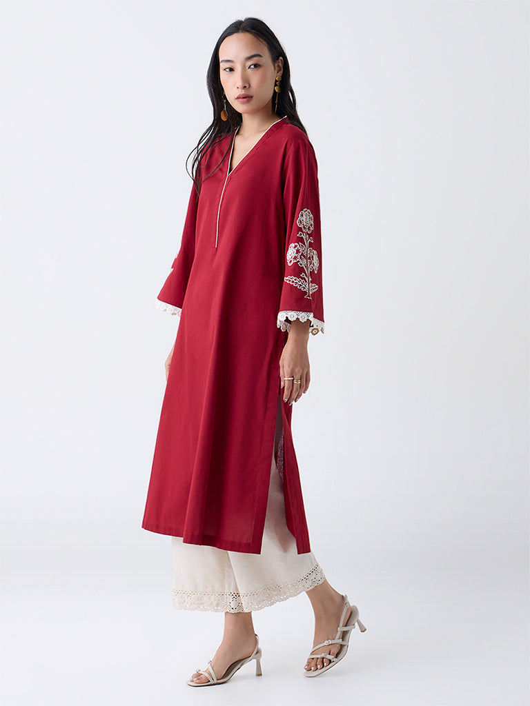 Utsa Red Floral Embroidered Cotton-Blend A-Line Kurta