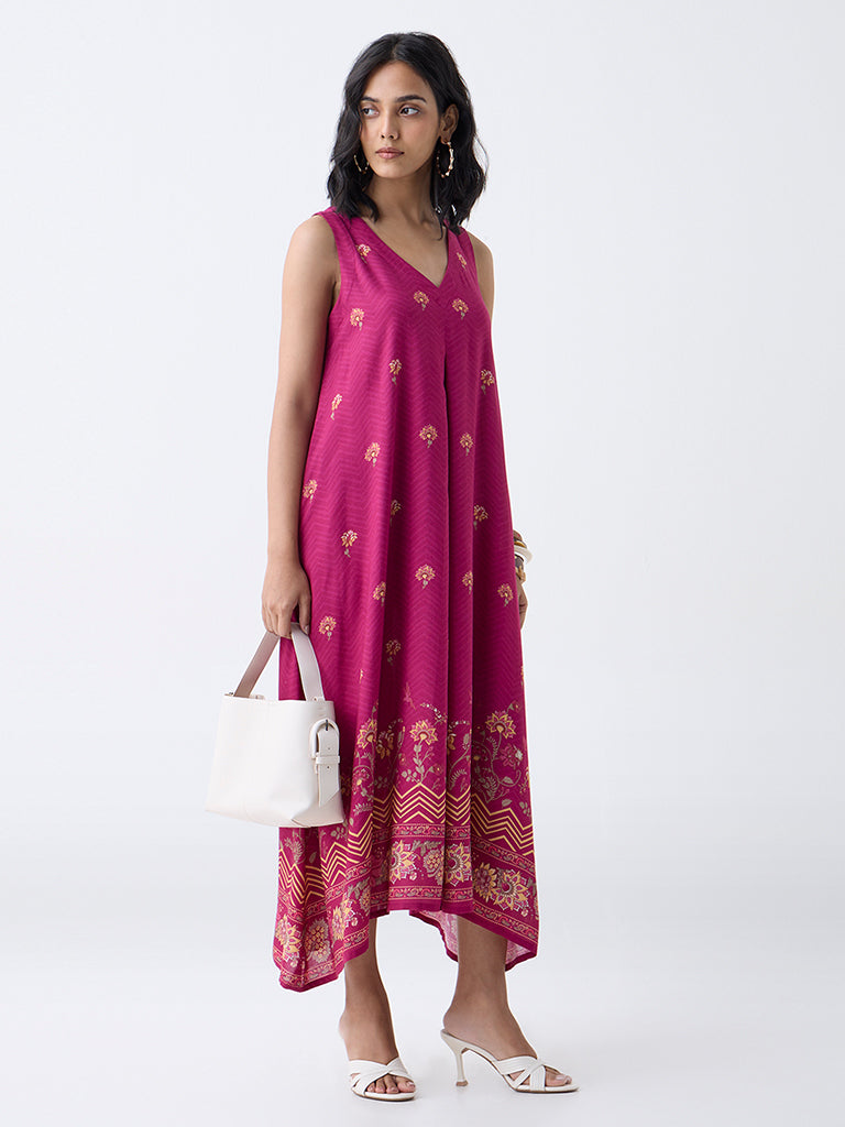 Utsa Magenta Floral Design A-Line Dress