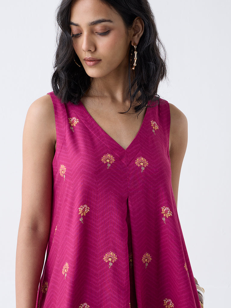 Utsa Magenta Floral Design A-Line Dress