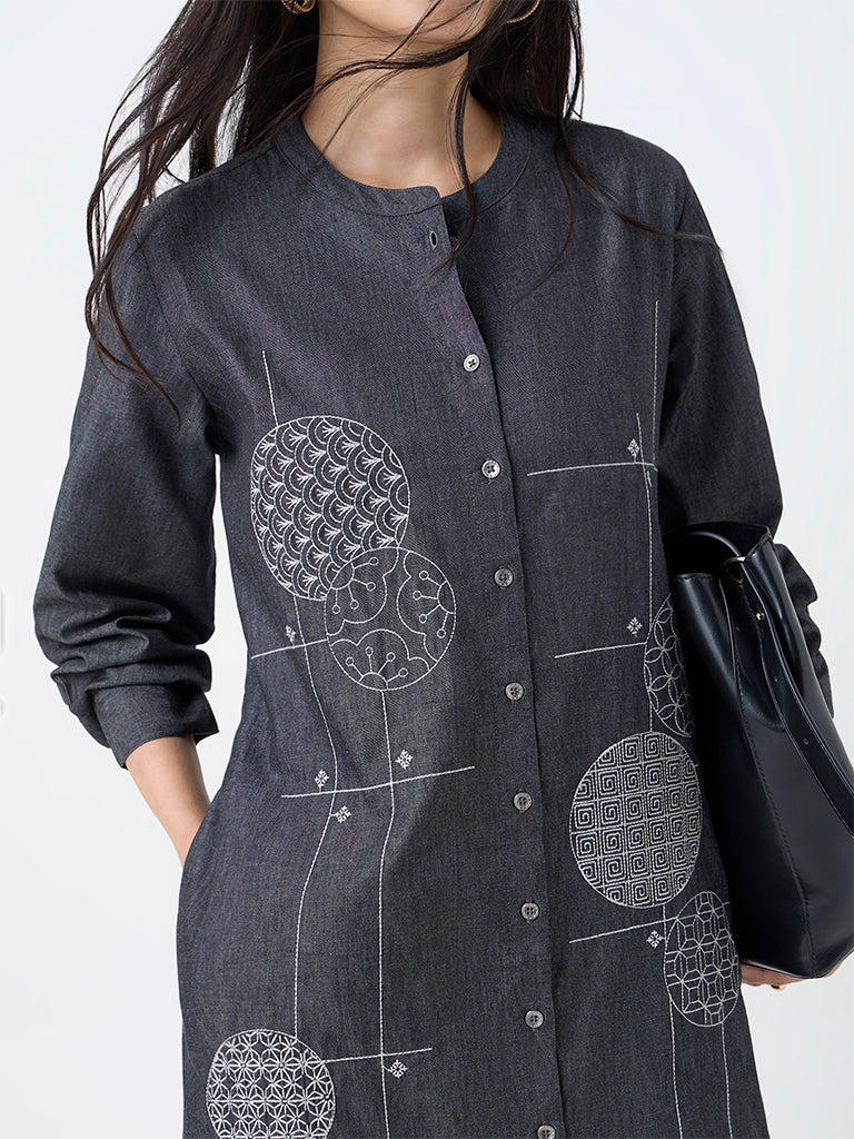 Utsa Black Geometric Design Denim A-Line Kurta
