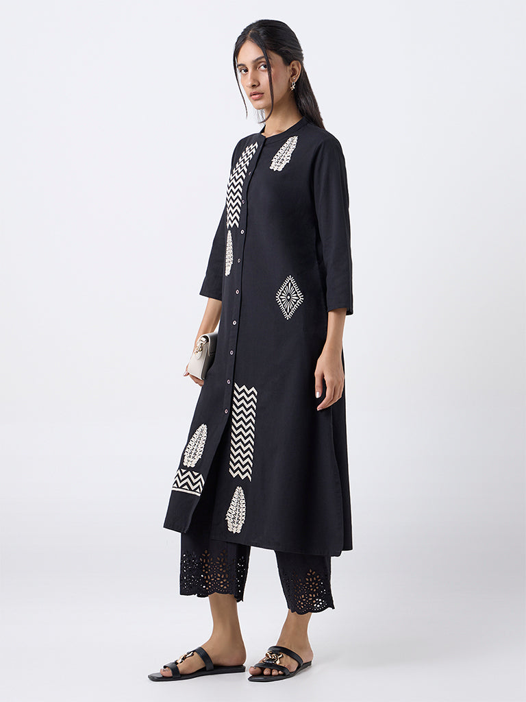 Utsa Black Embroidered Cotton-Blend A-Line Kurta
