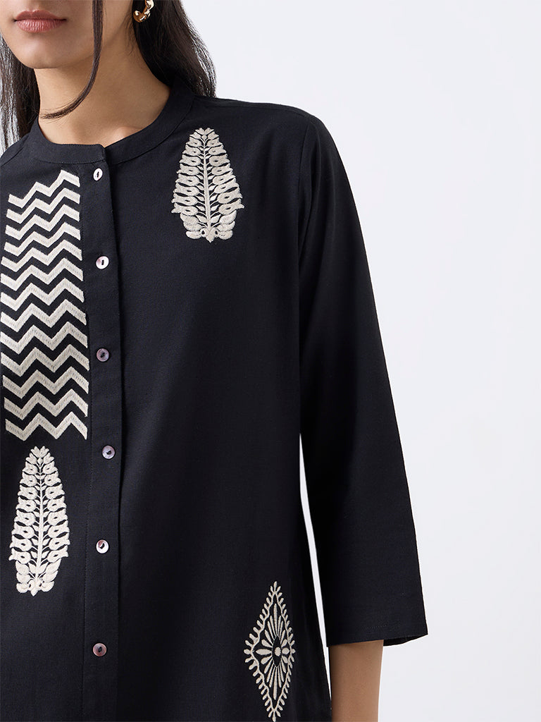 Utsa Black Embroidered Cotton-Blend A-Line Kurta