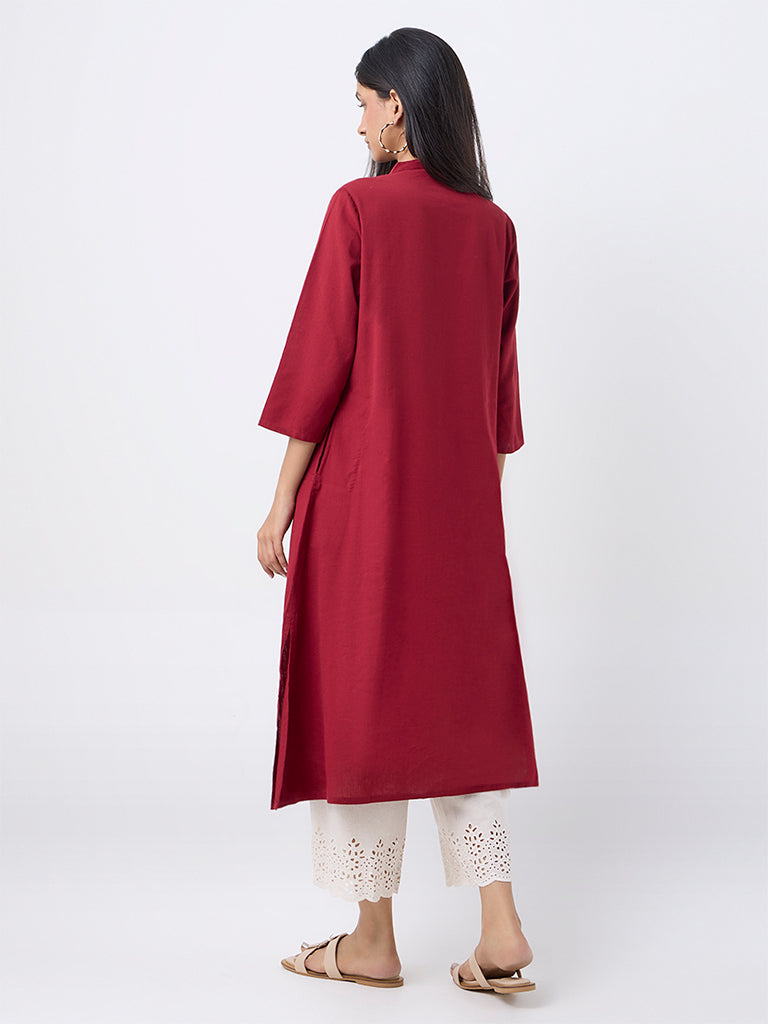 Utsa Red Embroidered Cotton-Blend A-Line Kurta