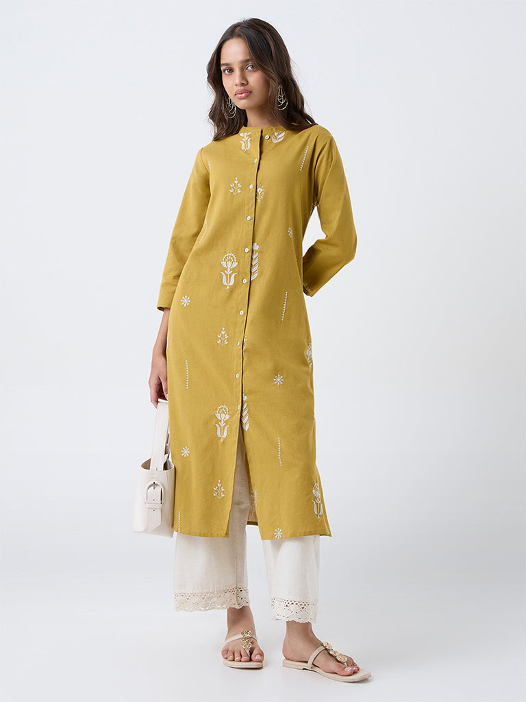 Utsa Mustard Floral Embroidered Cotton-Blend A-Line Kurta