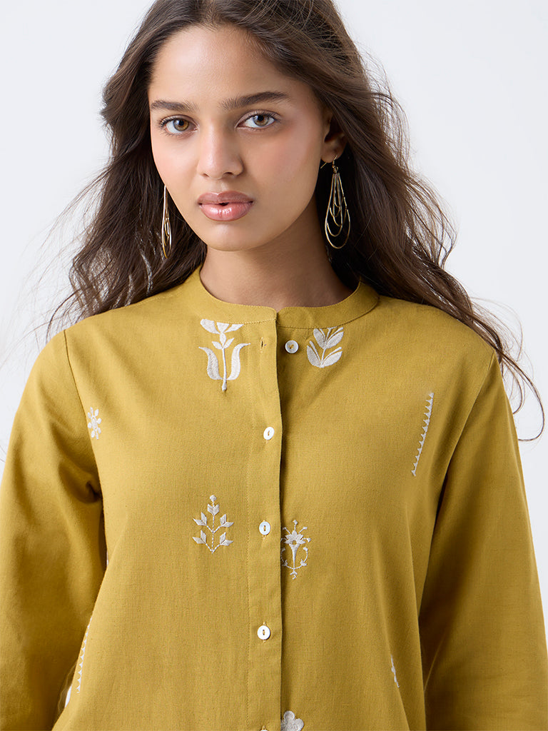 Utsa Mustard Floral Embroidered Cotton-Blend A-Line Kurta