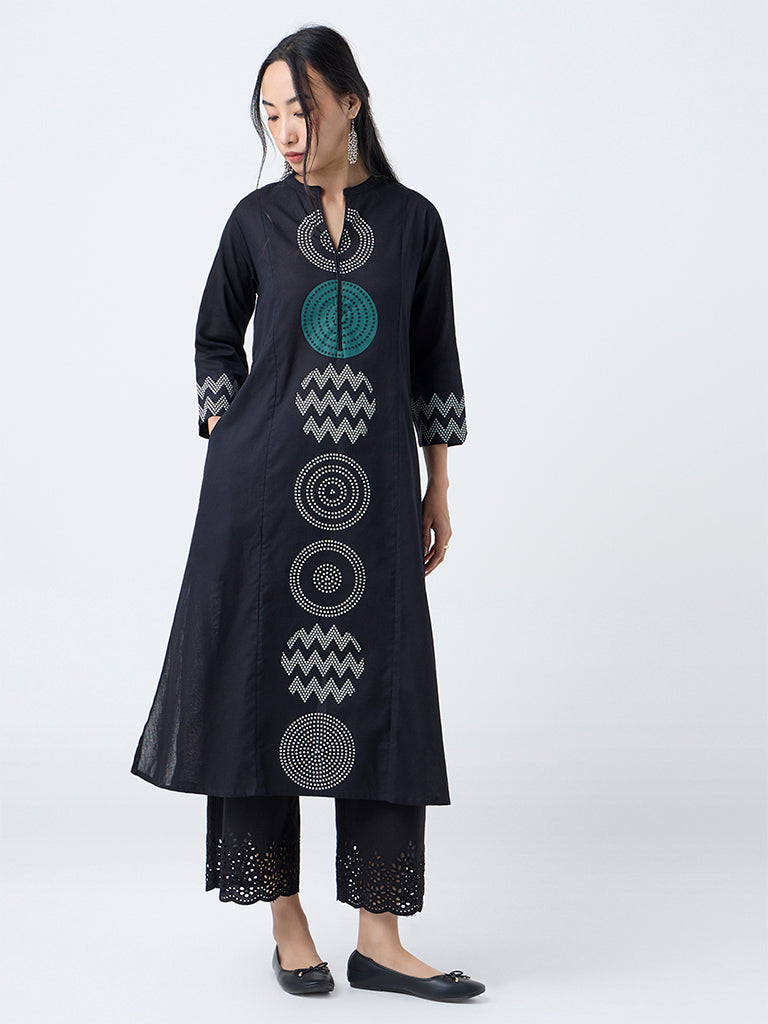 Utsa Black Geometric Design Cotton-Blend A-Line Kurta