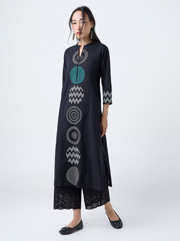 Utsa Black Geometric Design Cotton-Blend A-Line Kurta