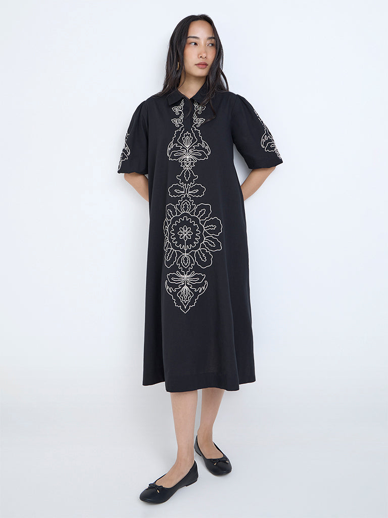 Utsa Black Embroidered Cotton-Blend A-Line Dress