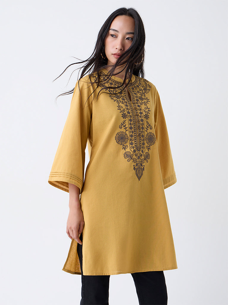 Utsa Mustard Embroidered Cotton-Blend A-Line Kurta