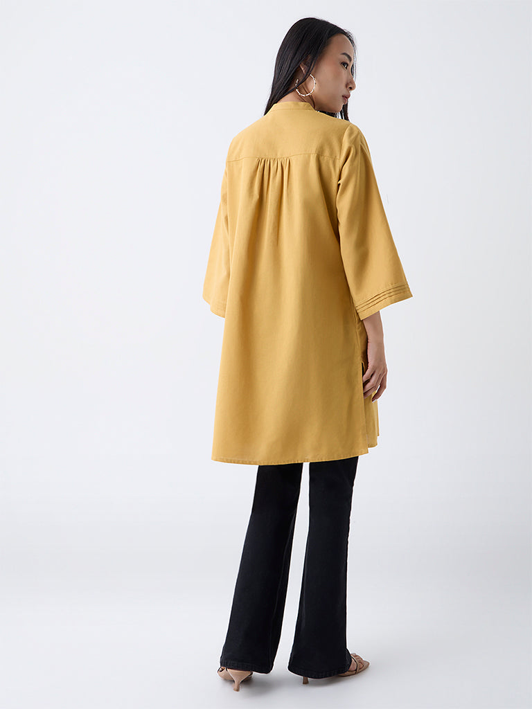 Utsa Mustard Embroidered Cotton-Blend A-Line Kurta