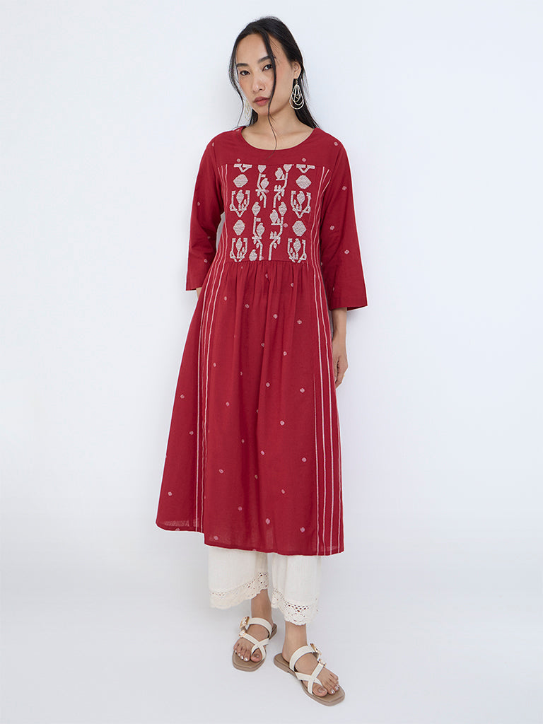 Utsa Red Jamdani Embroidered Cotton-Blend A-Line Kurta