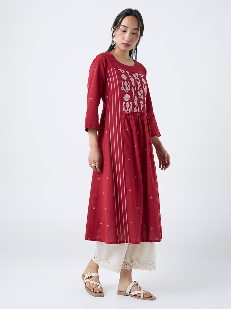 Utsa Red Jamdani Embroidered Cotton-Blend A-Line Kurta
