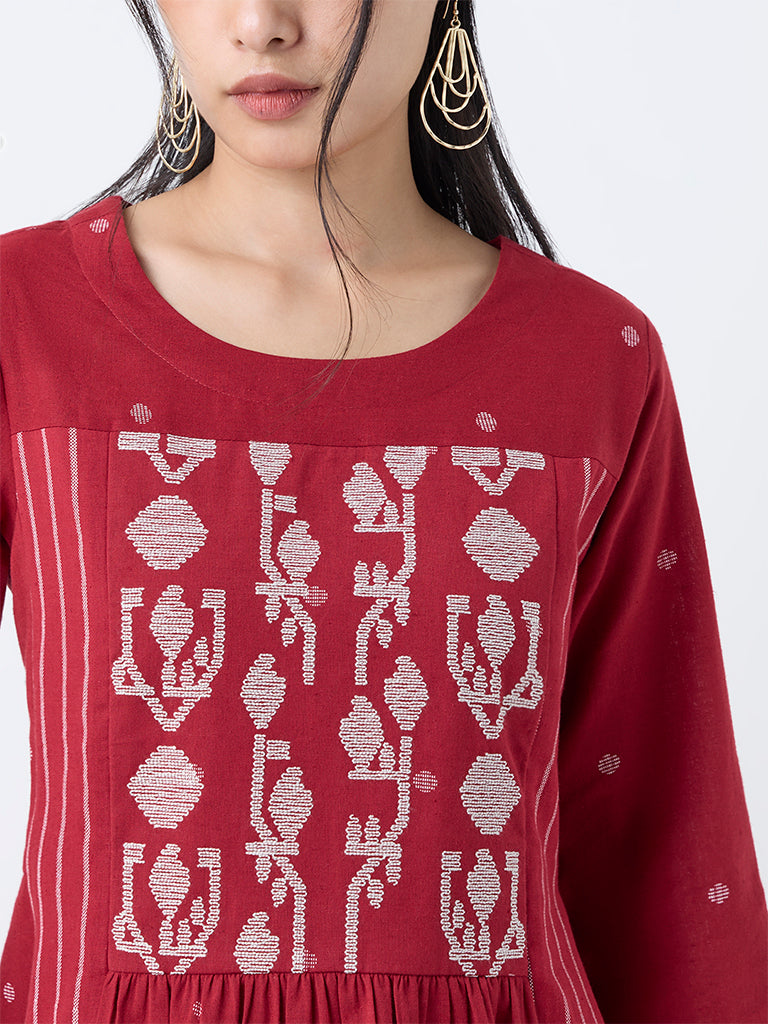 Utsa Red Jamdani Embroidered Cotton-Blend A-Line Kurta