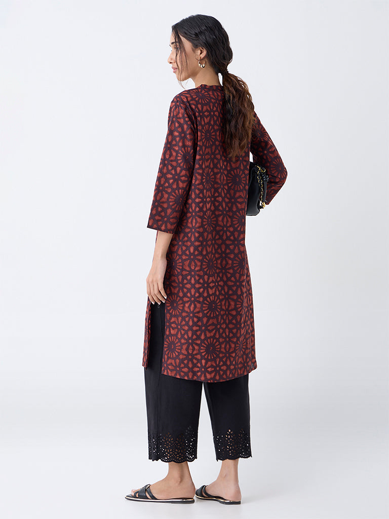 Utsa Rust Geometric Printed Straight Cotton Kurta